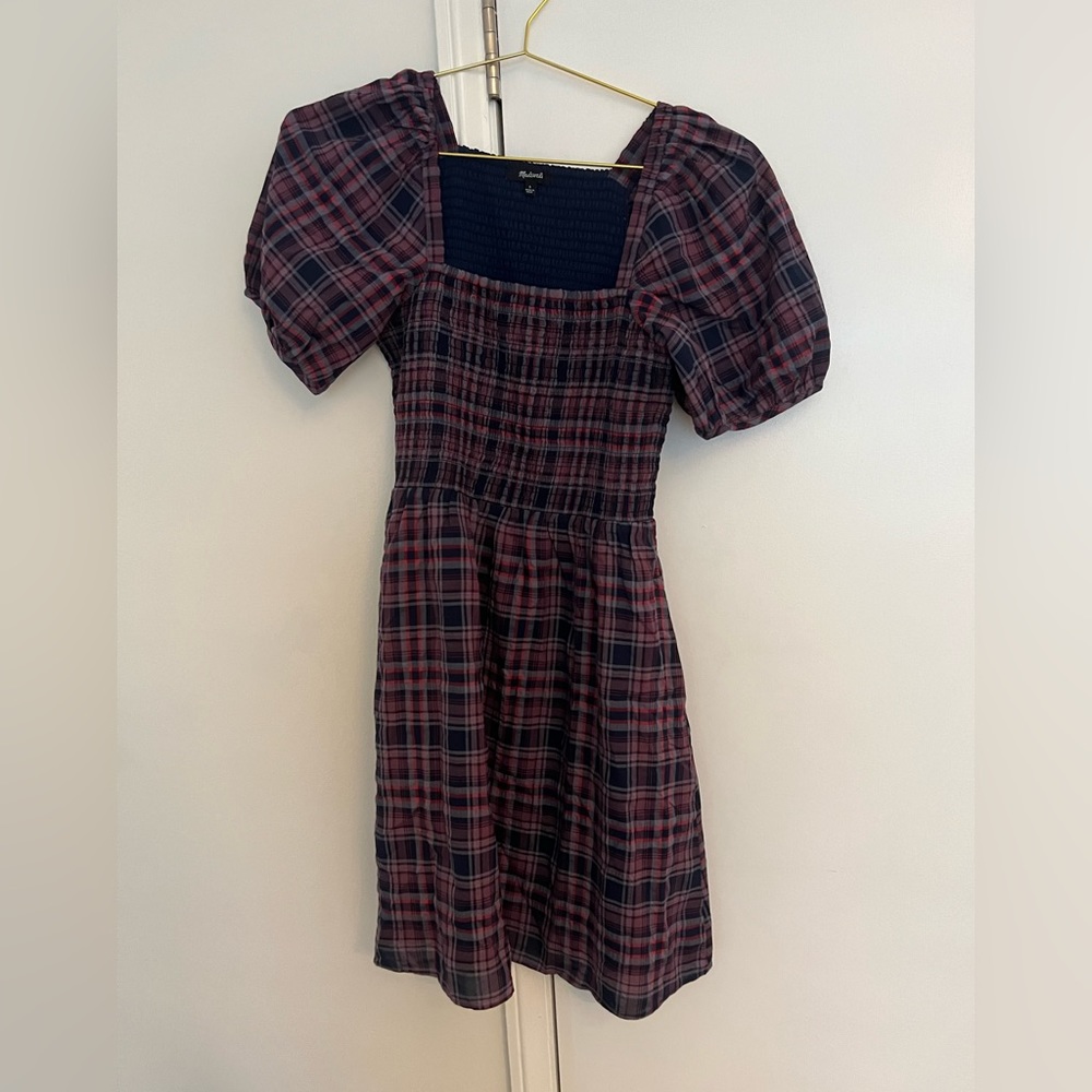 Red & blue plaid smocked bodice mini dress